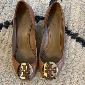 Tory Burch Tan Peep-Toe Heels with Gold Accent